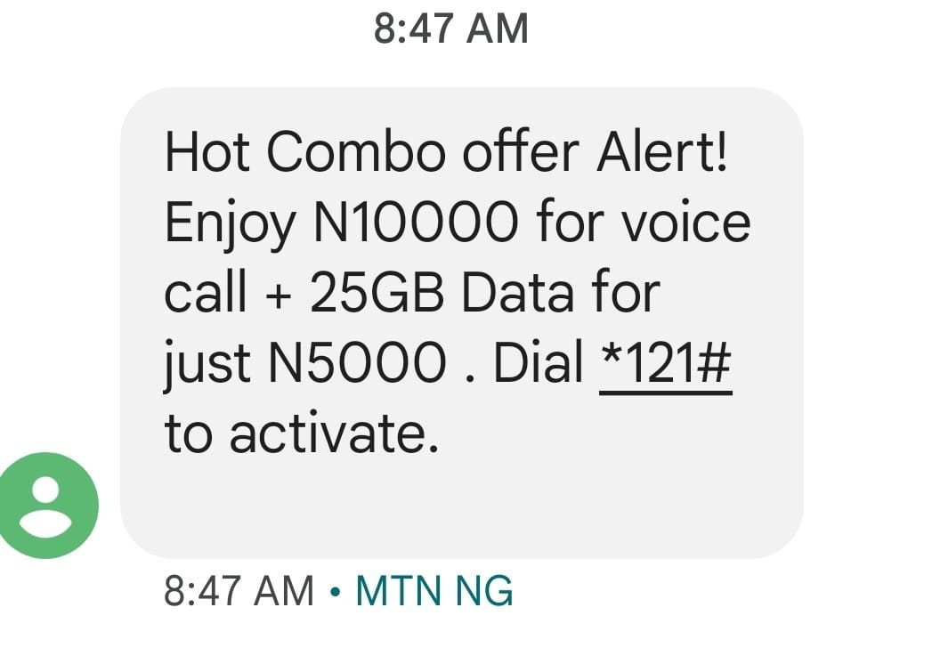 MTN Offer 25GB DATA + 10,000 for call @ N5,000 (Combo4ME)
